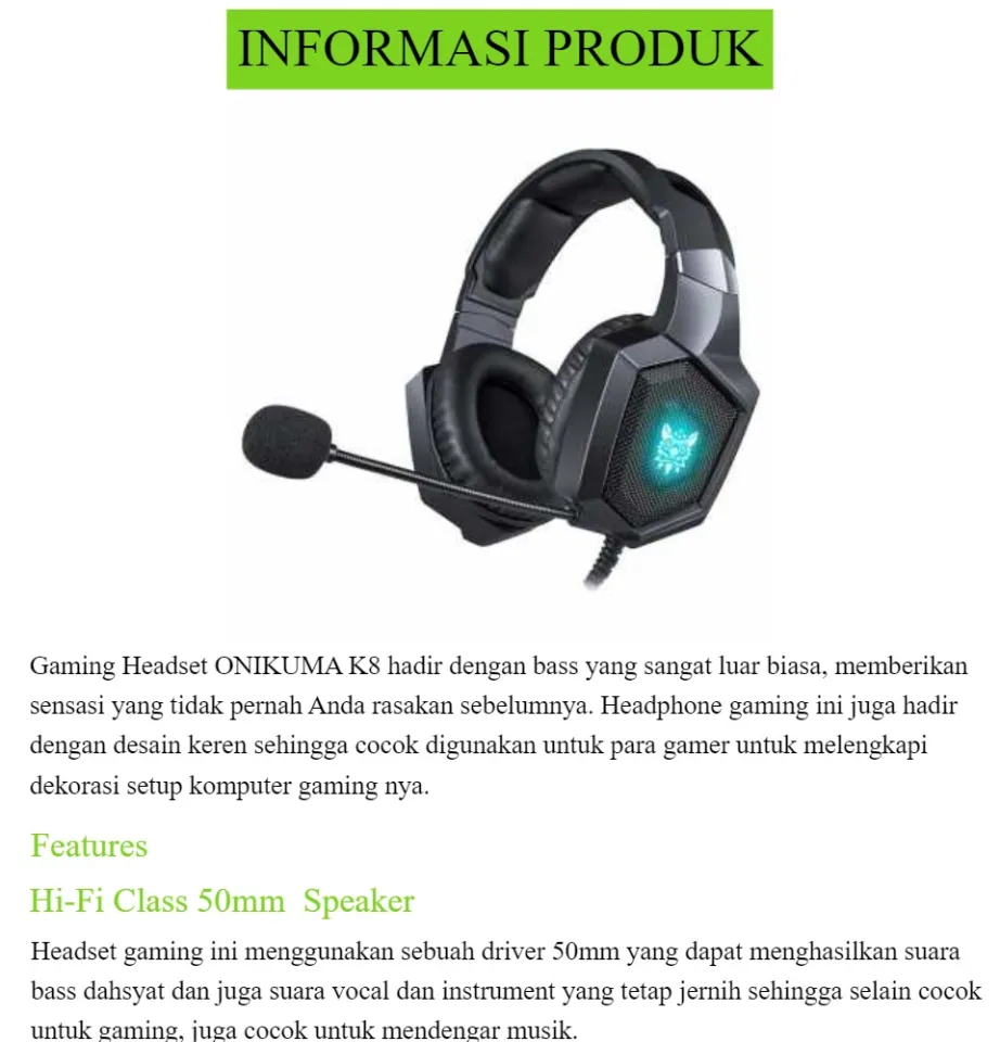 COD ONIKUMA Gaming Headset Super Bass RGB LED with Microphone