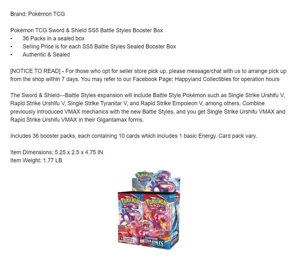 Pokmon TCG SWSH Battle Styles Booster Box (36 packs) - SS5 | Lazada  Singapore
