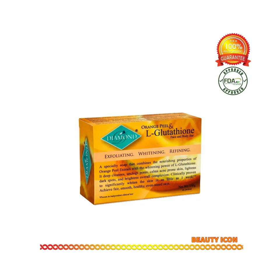 orange peel l glutathione soap The Diamond Face and Body Bar combines the natural exfoliation and refining  properties of the Orange Peel Extract with the whitening power of L- Glutathione. It has a deep cleansing effect on clogged main image 1
