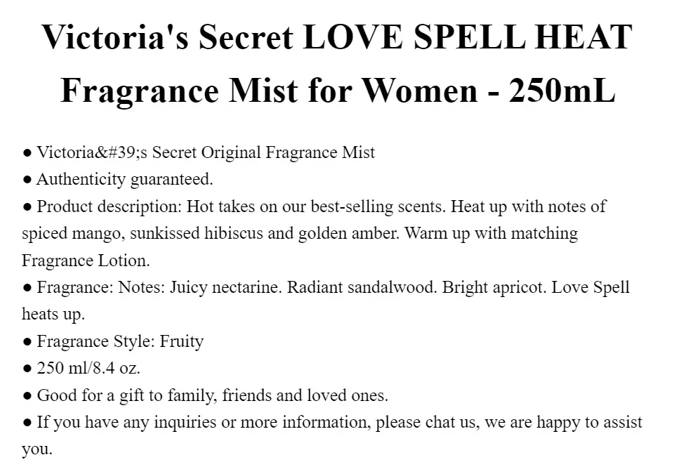 New! Original Victoria's Secret LOVE SPELL HEAT Fragrance Mist for Women -  250mL / Victoria Secret Perfume Original Love Spell Heat