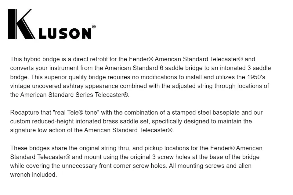 Kluson Hybrid Replacement Bridge For Fender American Standard Telecaster  Steel With Intonated Brass Saddles