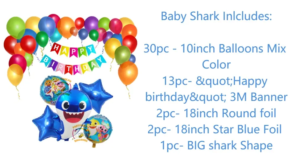 COMPLETE SET Baby Shark Theme Happy Birthday Balloon Set Kids Birthday  Party Balloon Decoration