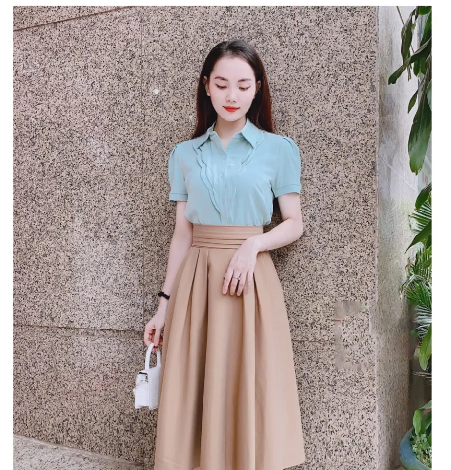 Chân váy chữ A xếp ly trước có túi đến gối không xẻ | Shopee Việt Nam