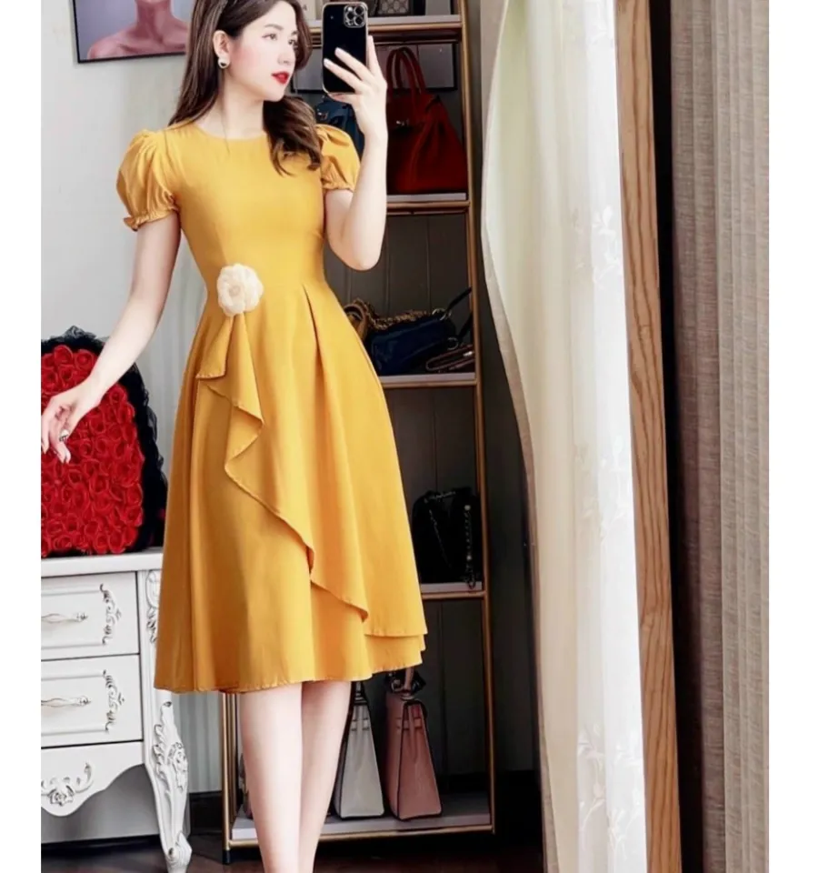 Đầm xòe màu vàng họa tiết hoa nhấn eo KK116-03 | Thời trang công sở K&K  Fashion
