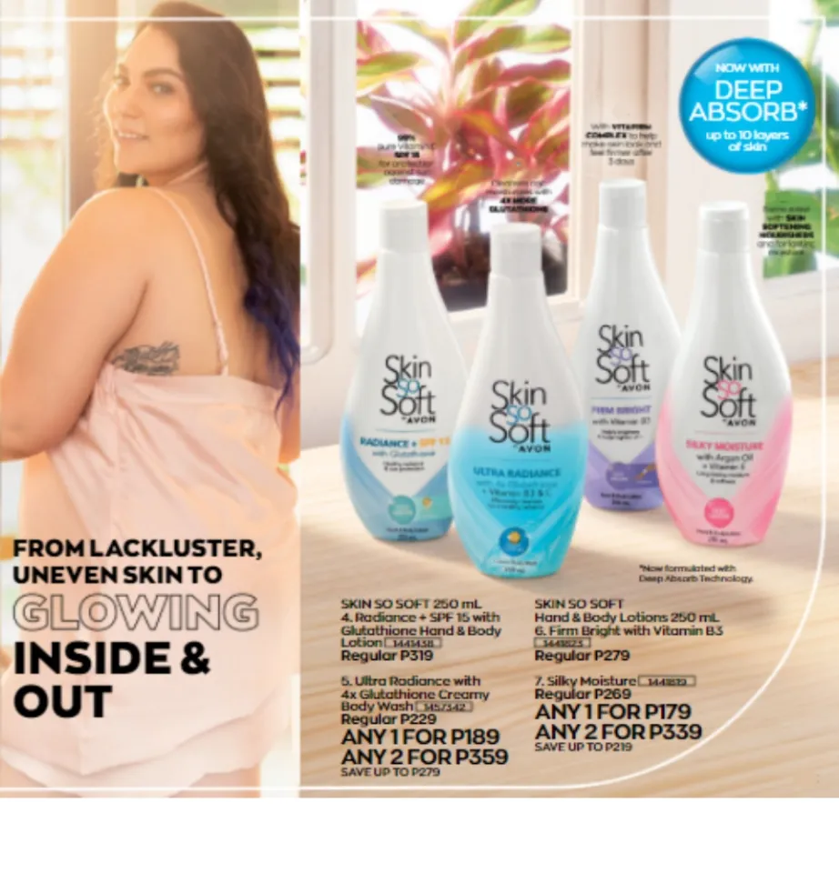 Avon SKIN so SOFT RADIANCE + SPF 15 with glutathione hand & body lotion  250ml Spf 15 Sun Protection Lotion For All Skin Types Deep Absorb Complex  Moisturizing Lotion 250Ml - Lazada