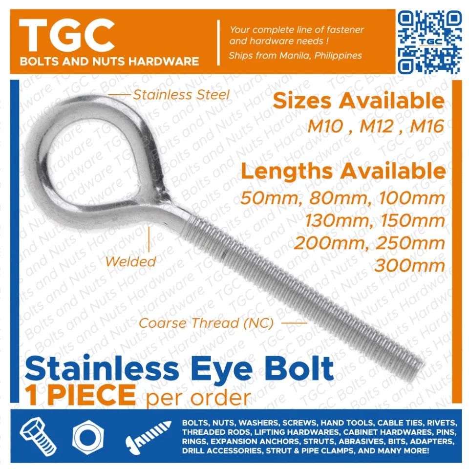 TGC 1PC GI Swing Bolt M8 M10 M12 M16 x 30/40/50/60/70/80/90/100/110/120  Galvanized Fish Eye Bolt / Zinc Plated Eye Bolt Small 8 10 12 16