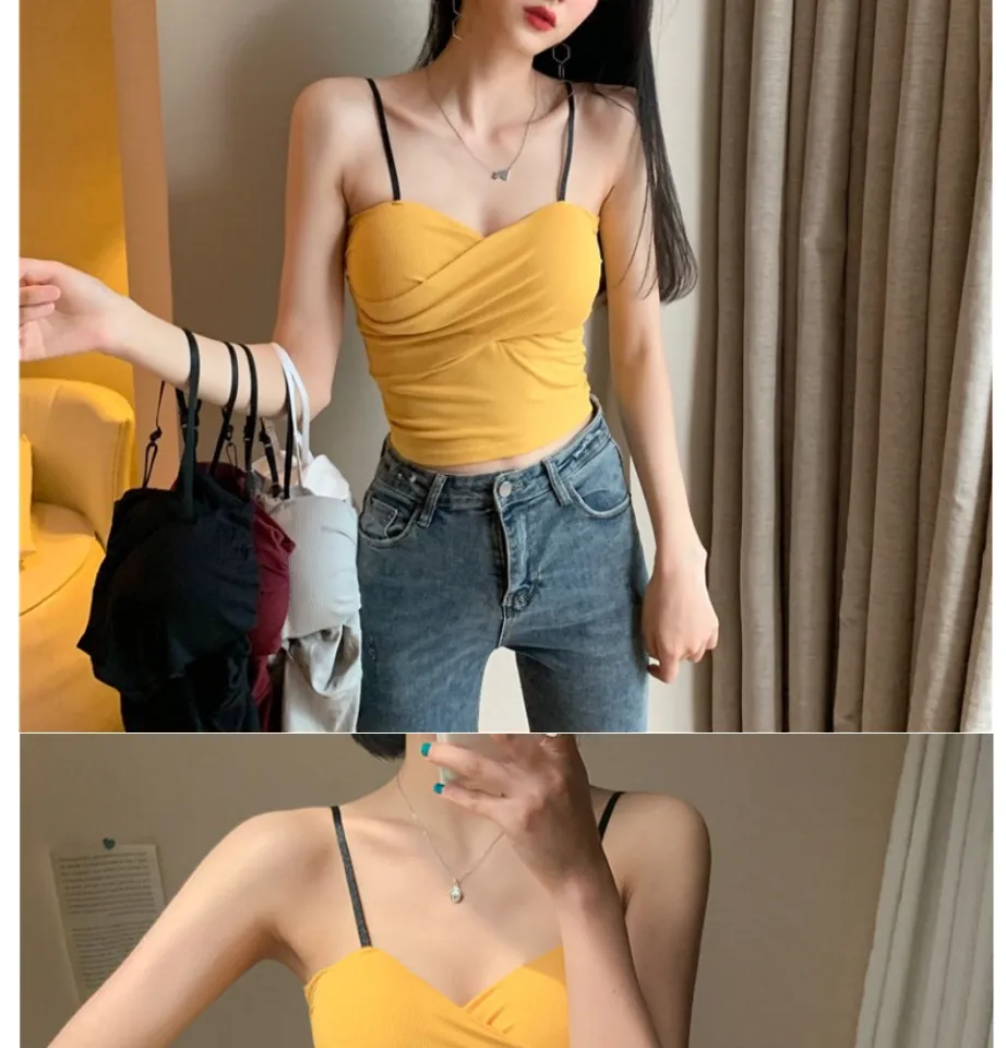 Versatile Korean Halter Top With Spaghetti Straps, Built In Bra, And Off  Shoulder Design Solid Color Cami For Women P230421 From Mengqiqi05, $14.17