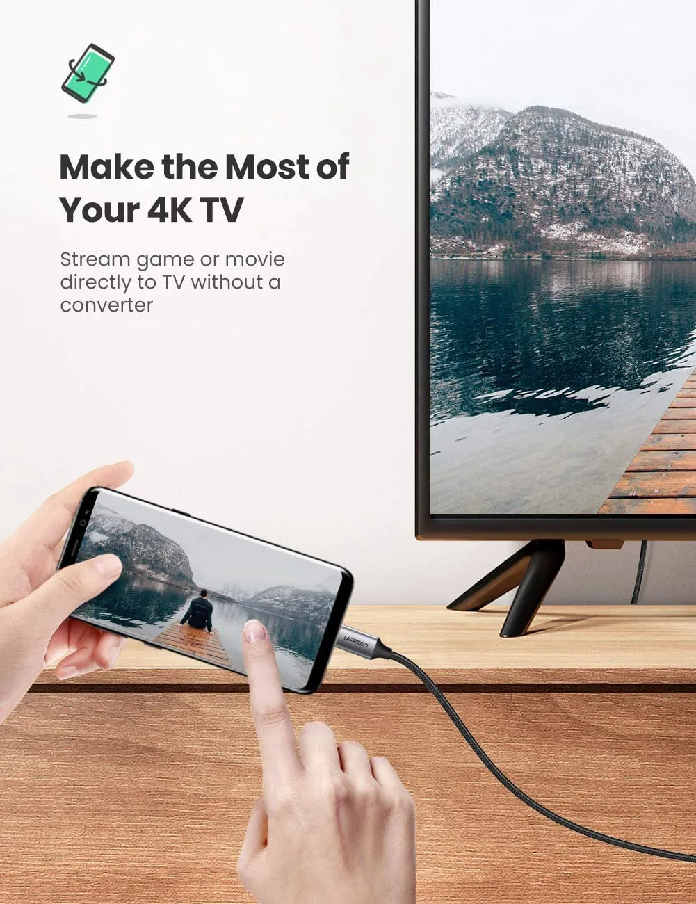 Ugreen USB-C to HDMI Cable 4K@60Hz 1.5m 3 <p>EASY for LARGER SCREEN VIEWING UGREEN USB C HDMI Cable allows the laptop or mobile phone to be connected directly to a monitor, TV or projector to deliver the image. Leaving your phone as a computer, you can easily picture it from your cellphone to a TV or another device. 4K 60HZ / THUNDERBOLT 3 SUPPORTED / DURABLE The cable supports 4K @ 60Hz resolution, you can enjoy the larger and more immersive screen and picture quality. Nylon braided makes the cable flexible and resistant to wear, which can avoid cable clutter and tearing, so the cable can be durable. Plug and Play, Easy to Use Just plug and play directly, connect the laptop or phone to the monitor is a breeze, no external power, drivers or dongles required; The HDMI connector is gold-plated to provide rigidity; It is HDMI 1.4 Version, compatible with HDMI 2.0 and former version.</p>