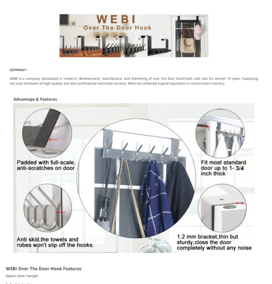 WEBI Over The Door Hook Door Hanger:Over The Door Towel Rack with