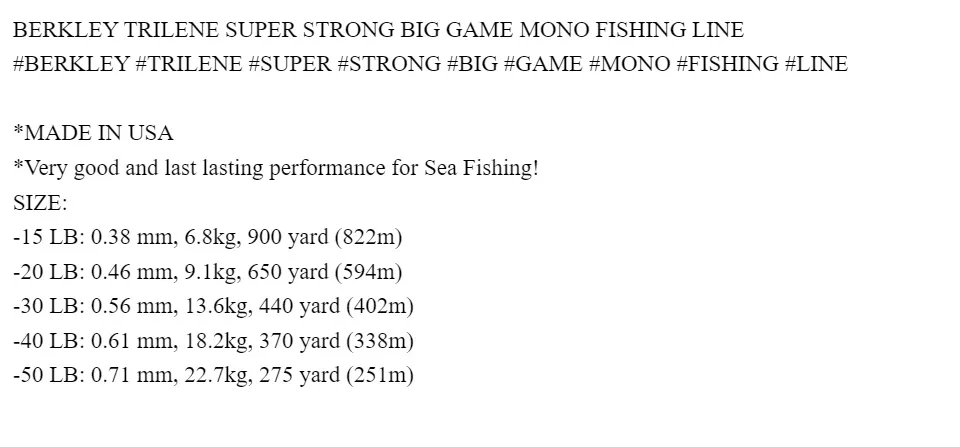 0857 BERKLEY TRILENE SUPER STRONG BIG GAME MONO FISHING LINE
