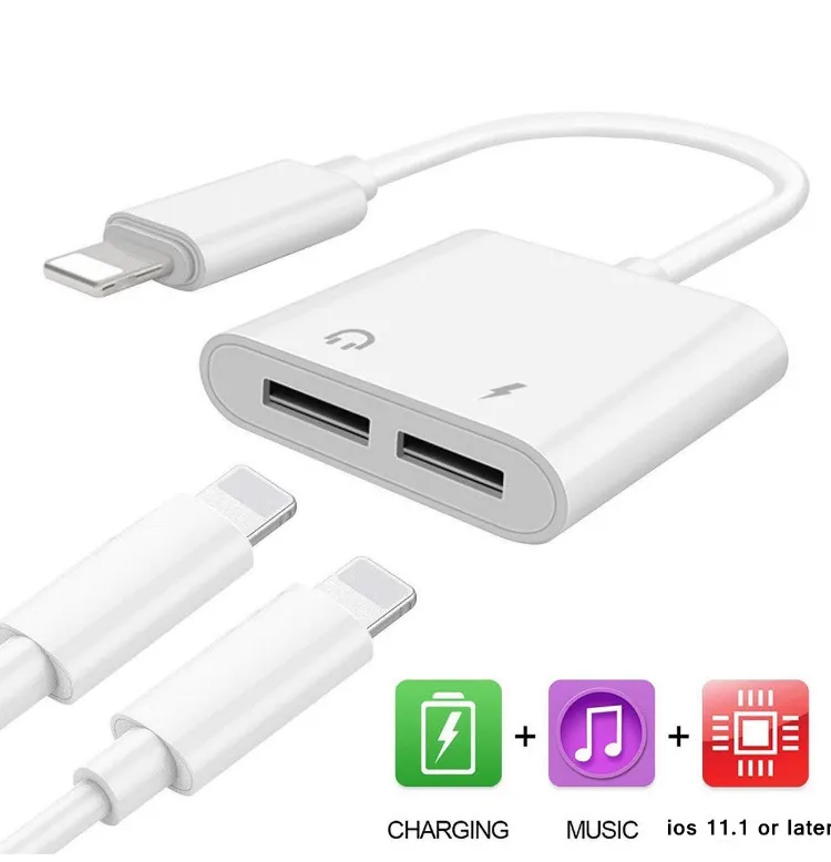 Dual Lightning Audio Headphone Adapter Charger Splitter for
