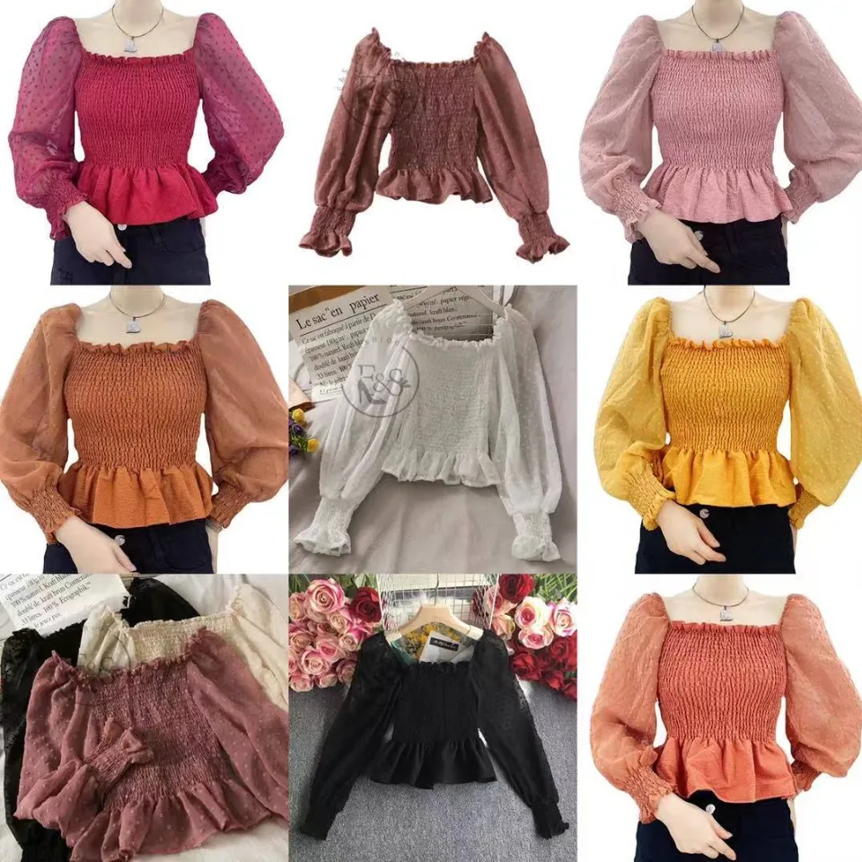 Fashion Lace Puff Long Sleeve Smocked Tops For Women 975#