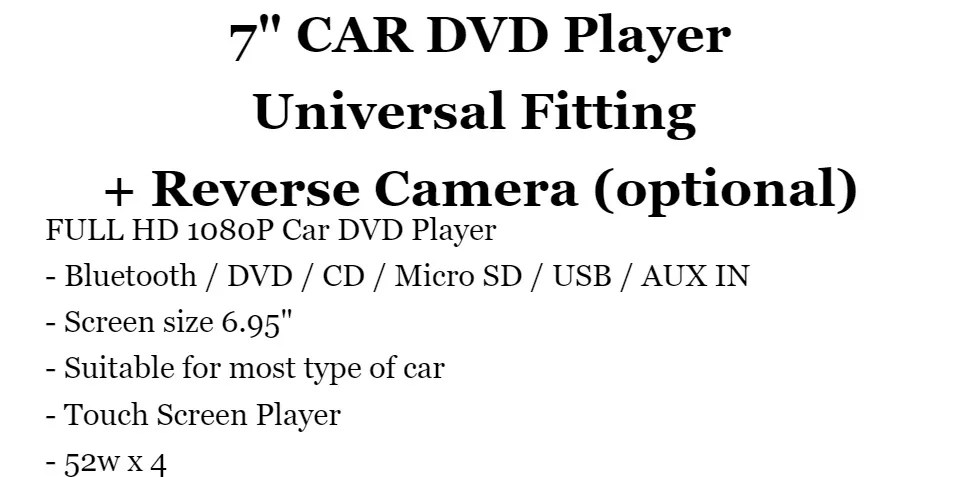 7 inch CAR DVD Player Universal Fitting FULL HD 2 DIN USB MICRO