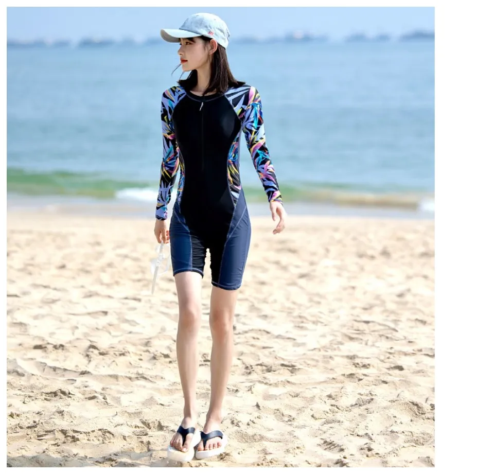 Women Swimwear With Chest Pads Long Sleeve Bathing Surfing Swimming Suit  For Girls One Piece Swimsuit