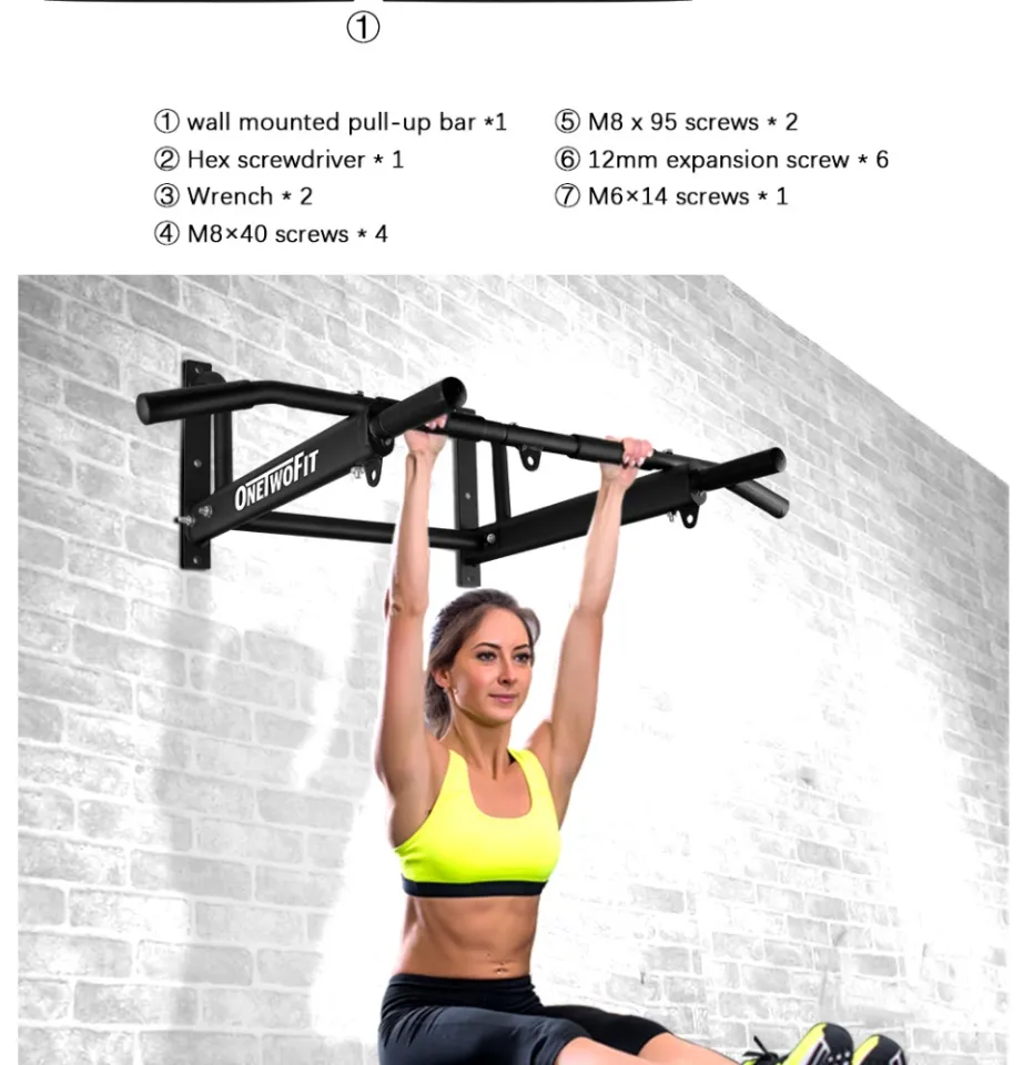 OneTwoFit Wall Mounted Pull Up Bar with More Stable 6-hole design