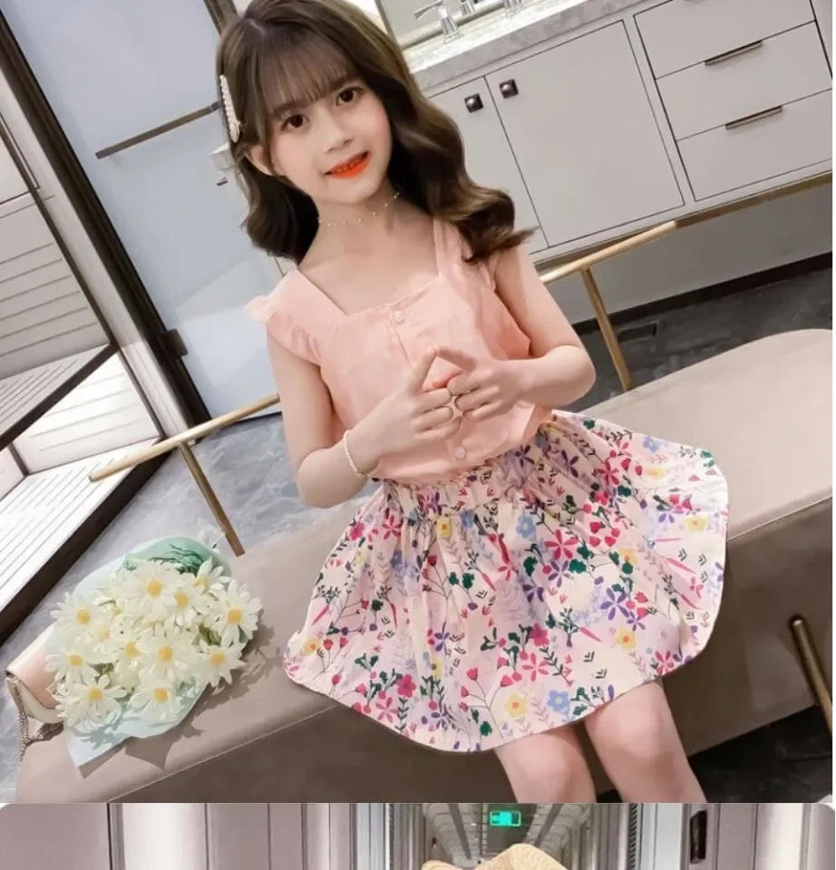 Little Baby Clear Stock Girl Sexy Flower Skirt Sleeveless 2Pcs Set CNY 2024  Dress Kids Summer