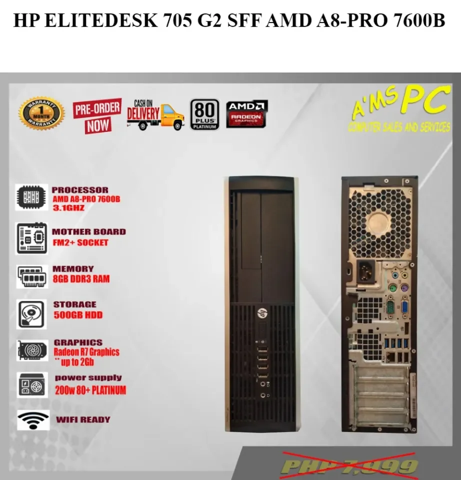 HP ELITE DESK 705 G2 SFF DESKTOP CPU, AMD A8-PRO 7600B, 3.1GHZ,FM2+ SOCKET,  8GB RAM DDR3, 500GB HDD, RADEON R7 GRAPHICS UP TO 2GB, 200W 80+ PLATINUM  PSU, WIFI READY,AMS TRADING 