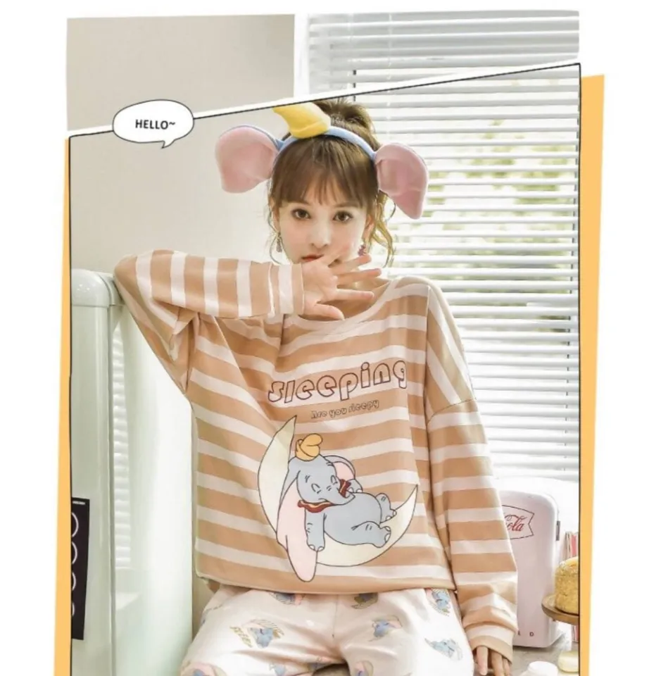 Korean Style [Dumbo - Stripes] Women Pyjamas Set - Long Sleeve Top with  Pants - Cotton Soft Fabric Long