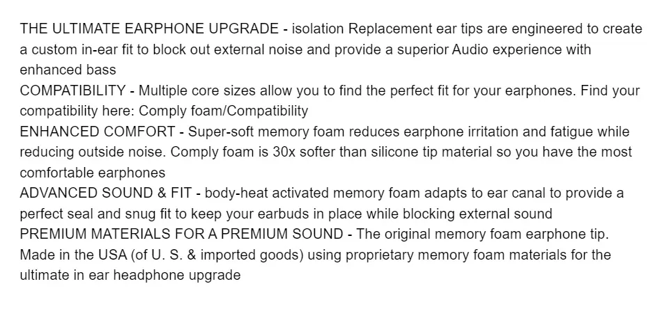 Comply Isolation T-400 Memory Foam Earphone Tips,Soft Replacement