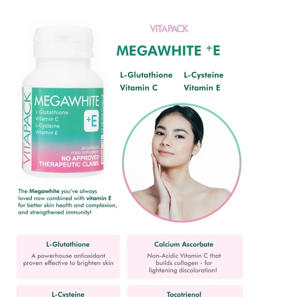 VITAPACK Megawhite Plus E Gluta Glutathione L-Cysteine Vitamin C All-in-One  Whitening Capsule with Tocotrienol Vitamin E for Glowing Skin 30caps  Tocotrienol Antioxidant Skin Capsules - Lazada