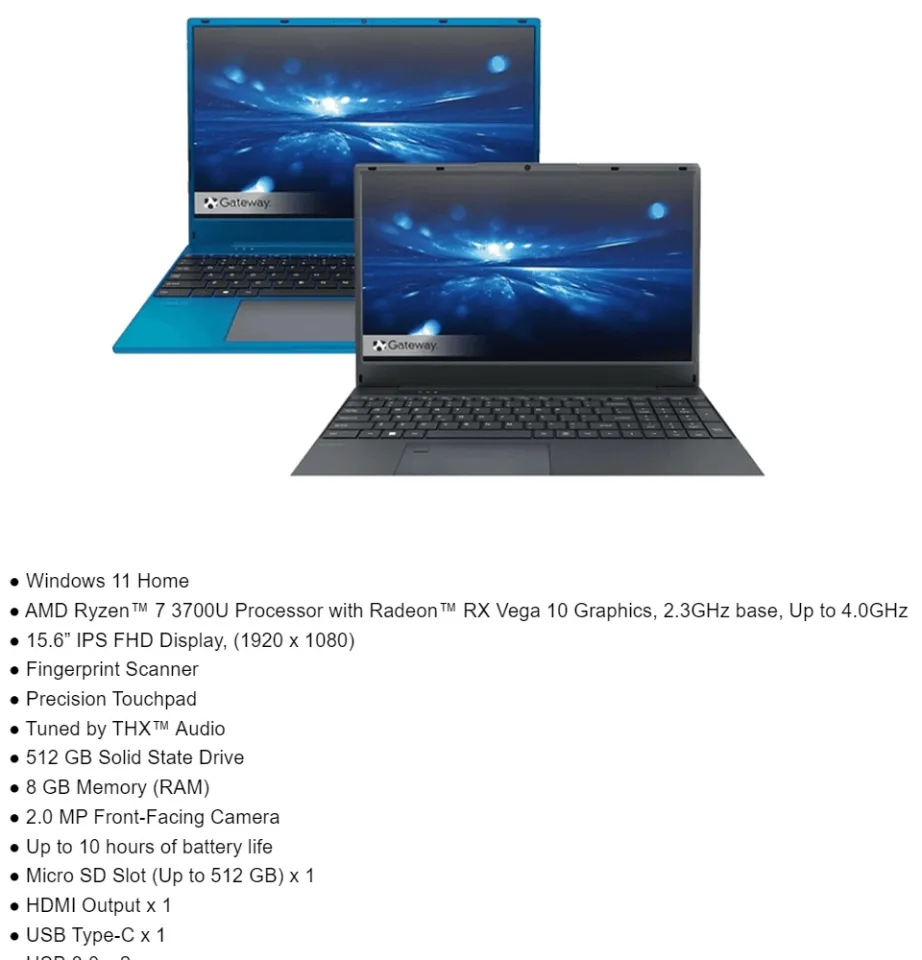 Gateway Ultra Slim 15.6 Laptop AMD Ryzen 7 3700U 8GB RAM/512GB SSD