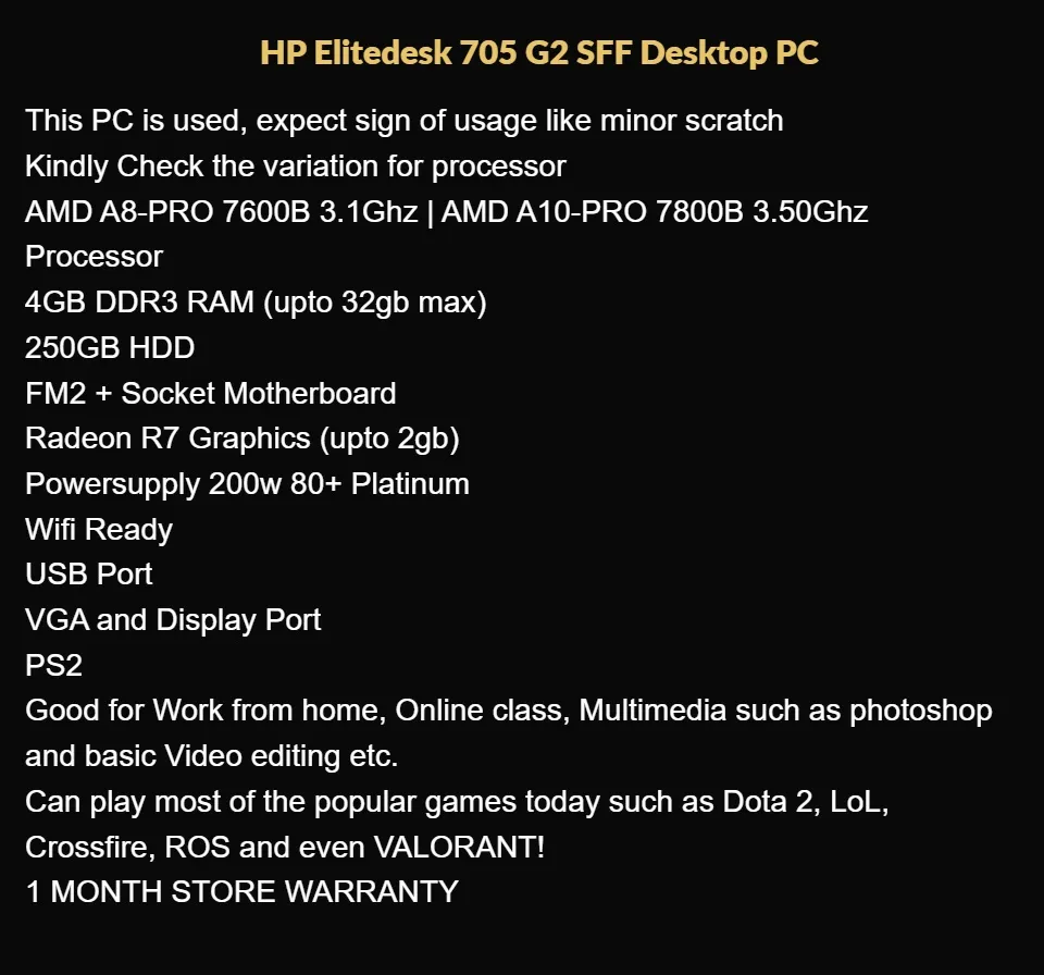 HP Elitedesk 705 G2 SFF Desktop PC | AMD A10 and A8-PRO, 4GB RAM DDR3,