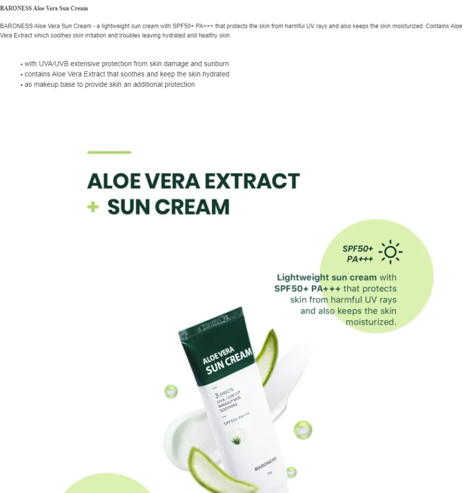 BARONESS Aloe Vera Sun Cream with SPF50+ PA+++ 70g (New Packaging) | Lazada  PH