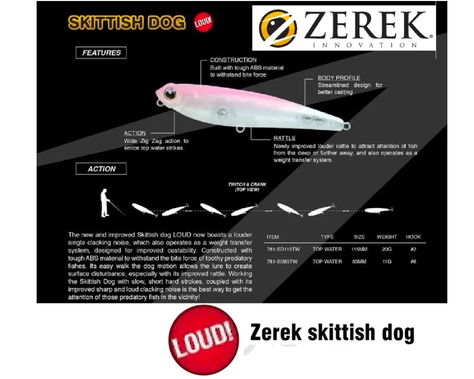 Zerek SKITTISH DOG LOUD Top Water Lure 115mm/20g Hook BKK #2
