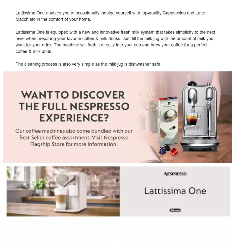 Nespresso Lattissima One Coffee Machine (Silky White) (FOC $10