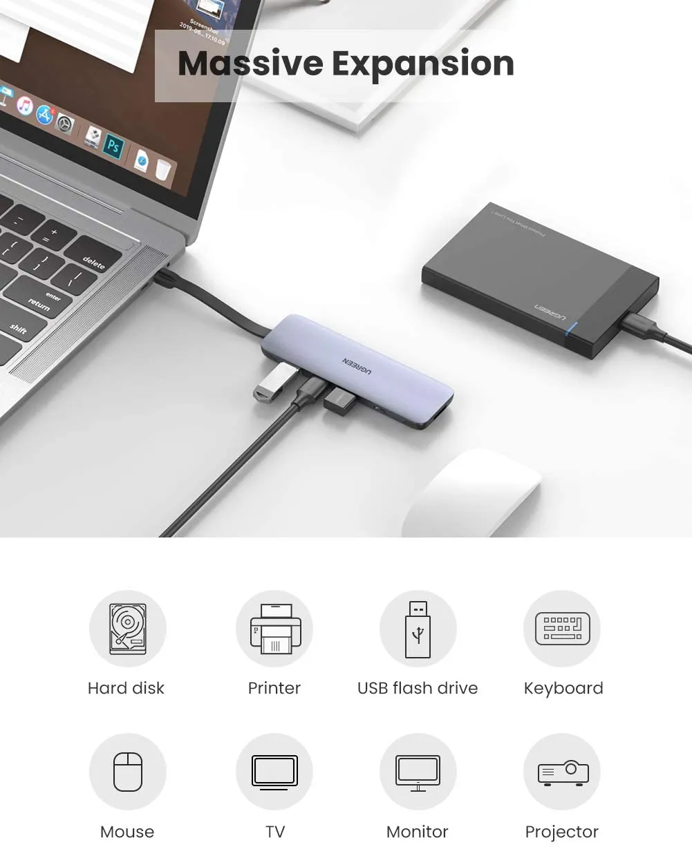 Ugreen 5-in-1 USB-C Hub 4K HDMI USB 3.0 3 <ul> <li>Fast 100W USB C Power Delivery PD Charger: The USB C Female port supports 100W Power Delivery PD at Max 20V 5A, fast charging your laptop when connecting it with a PD wall adapter. Fast charging is available only for laptops. Phones only support normal charging.</li> <li>Aluminium case with foldable cable design, much durable and perfect to take on the go, compatible with USB-C and Thunderbolt 3 device such as MacBook, MacBook Pro 2019/2018/2017/2016, Dell XPS 13 15, Surface Go/Book 2, ASUS ZenBook3 and more.</li> </ul>
