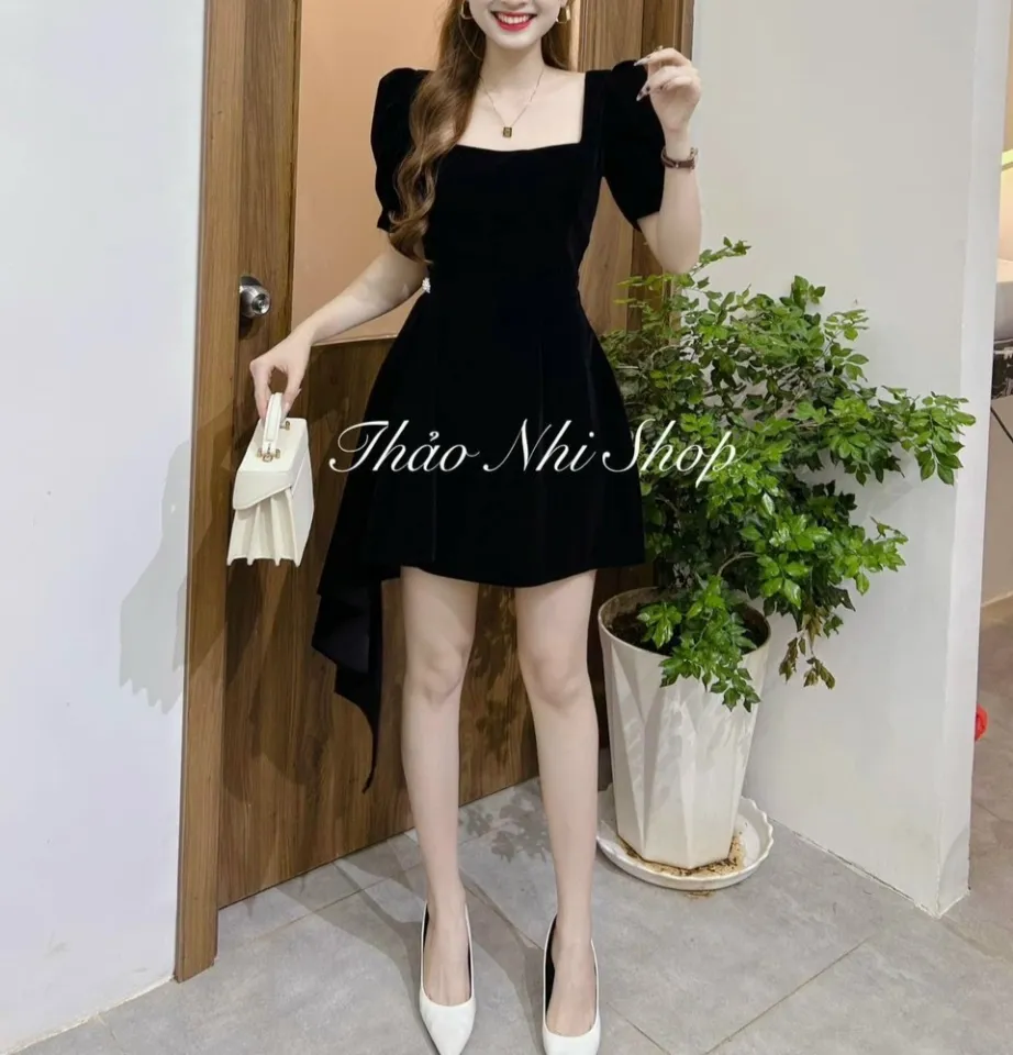 Đầm nhung đen tay dài cổ vuông đính đá ôm dáng thời trang mùa thu Pháp 2021  cho nữ | Shopee Việt Nam