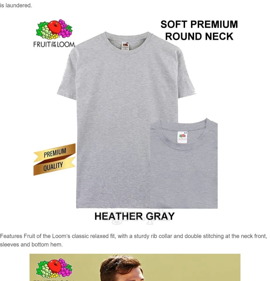 Fruit of the Loom Heather Gray Soft Premium Round Neck Tee 195gsm 100%  Cotton