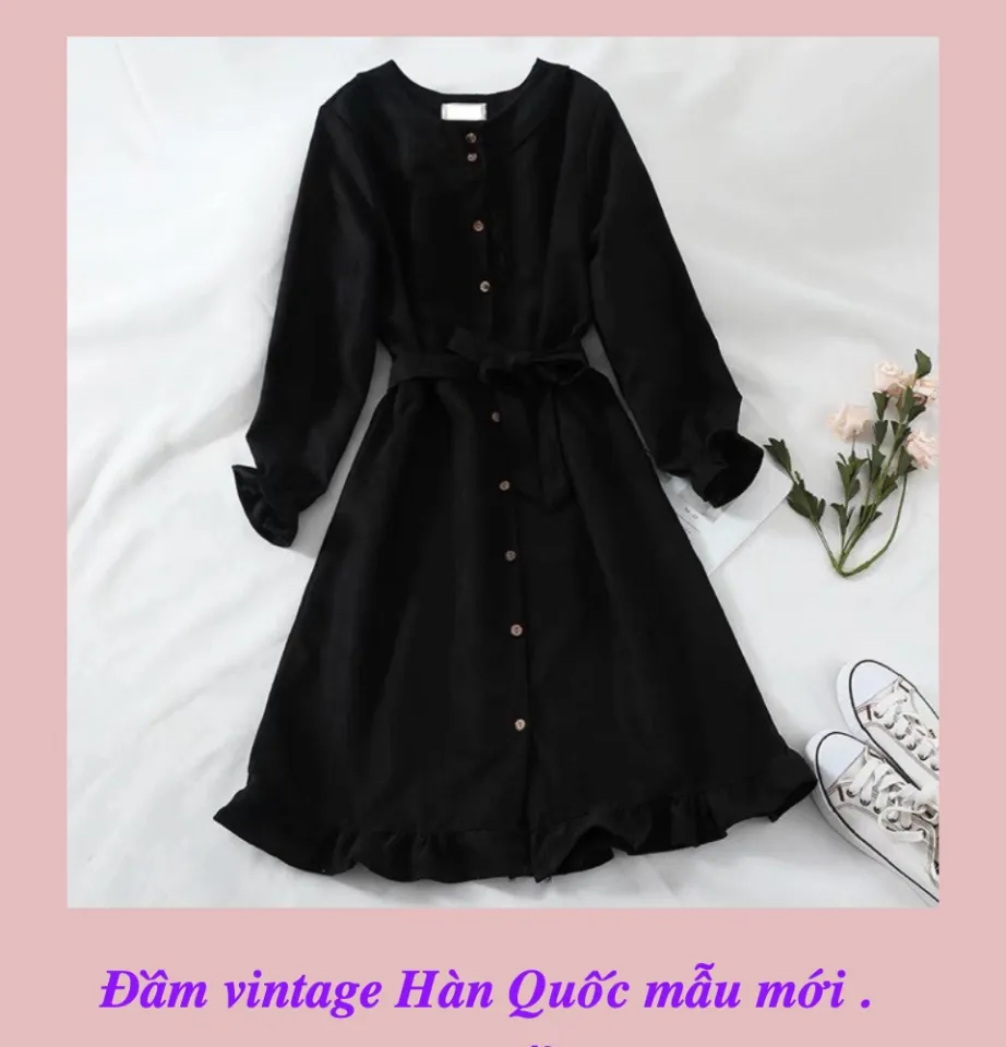 Váy đầm nhung đen cổ búp bê dáng dài qua gối kèm dây thắt eo thu đông phong  cách Hàn Quốc MS303 - Tìm Voucher