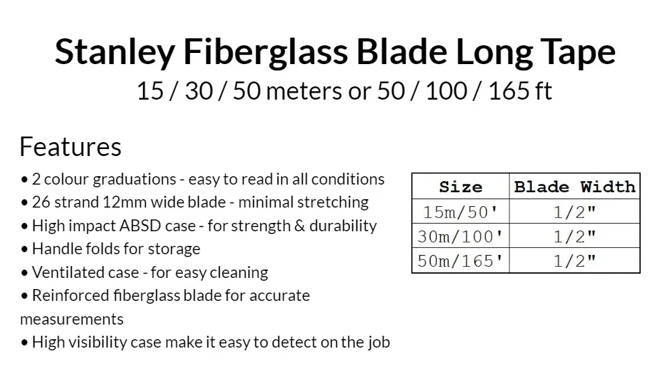 Stanley Fiberglass Blade Long Tape Measure 15m / 30m / 50m - 34