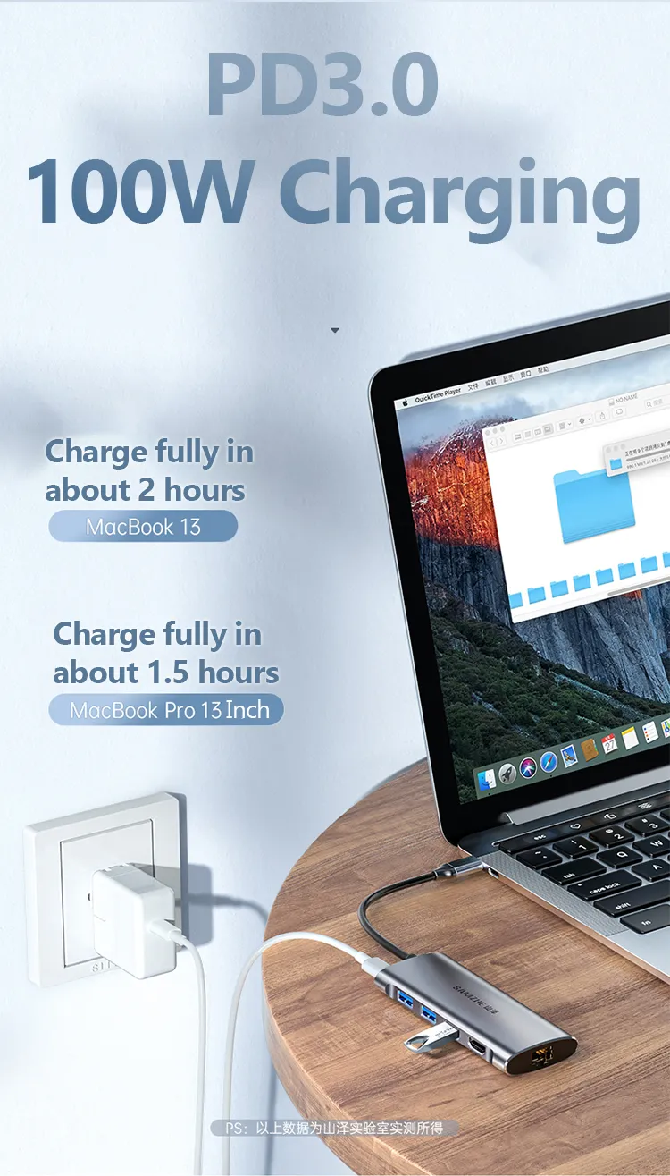 Samzhe 5-in-1 USB-C Hub HDMI PD LAN 3 <div>5-Ports Expansion</div> <div data-spm-anchor-id="a2o42.pdp_revamp.product_detail.i0.622c2165xz5SiF">SAMZHE USB C HUB adds 2 x USB 2.0 ports, a 4K HDMI port , a 100W Power Delivery Charger port a ethernet port to your laptops/smartphones through a USB C, upgrade your laptop/ tablet/ smartphone.</div> <div></div> <div>4K High Definition HDMI Video Ouput</div> <div>The USB C/ Thunderbolt 3 to HDMI adapter supports high resolution up to 4k@30Hz or 1080P@60Hz, making you or your family enjoy a better visual feast on larger smart TV or home theater.</div> <div>For 4K resolution, HDMI Cable length should shorter than 5M. Note: Pls do not plug and unplug the HDMI port when the hub is power on.</div> <div></div> <div>100W USB C Power Delivery Fast Charger</div> <div>The USB C hub is equipped with a USB C port that supports full speed charging to laptops like Macbook Pro. It supports 20V/5A, 15V/3A, 9V/3A, 5V/3A.</div> <div data-spm-anchor-id="a2o42.pdp_revamp.product_detail.i2.622c2165xz5SiF">USB C Female PD charging port support charging laptops only, not for data.</div>