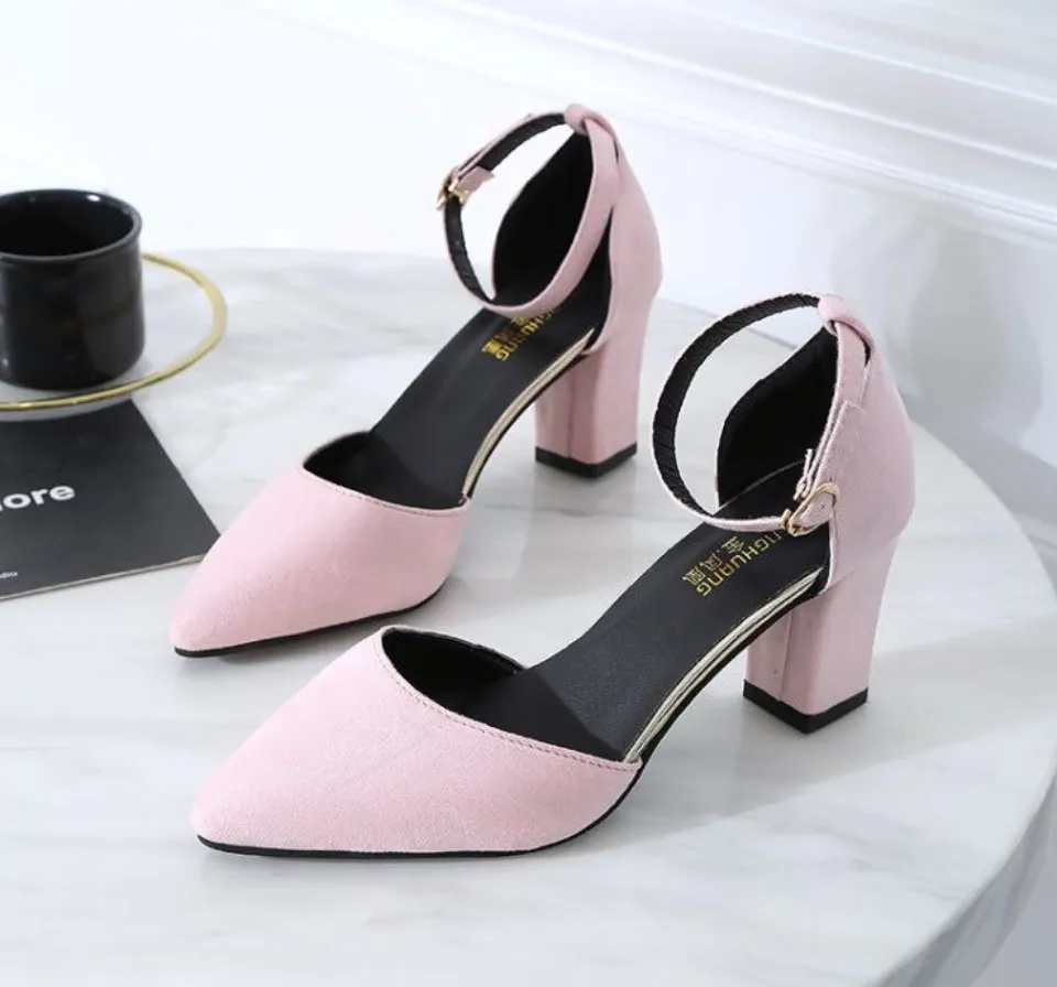 New pointed toe korean sandals chunky block heels pump sandal for
