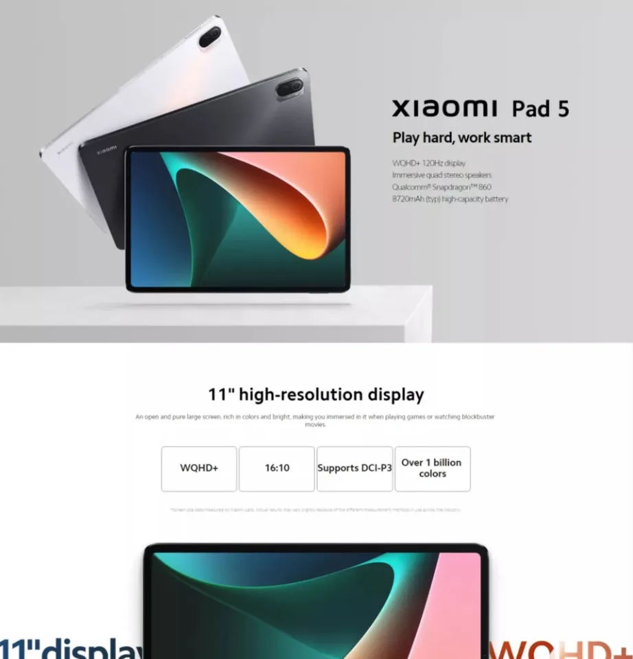 Xiaomi Pad 5 Tablet | 6GB RAM+256GB ROM | Snapdragon 860 | 11” WQHD+ 120Hz  Display | 8720mAh Battery | Lazada PH