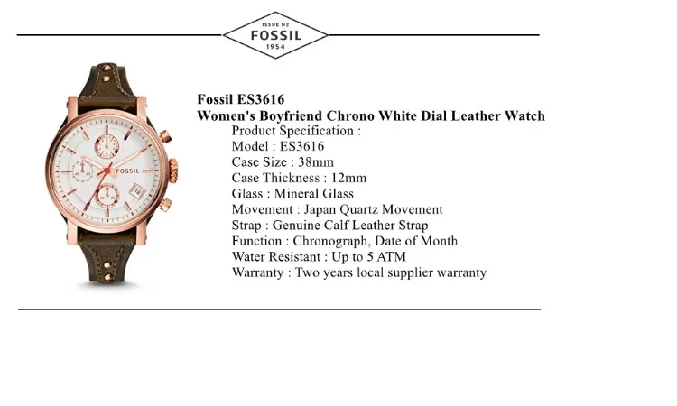 Fossil Womens Boyfriend Chrono White Dial Leather Watch ES3616