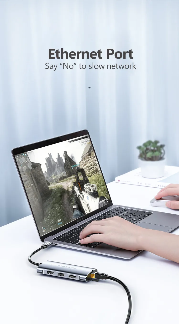 Samzhe 5-in-1 USB-C Hub HDMI PD LAN 5 <div>5-Ports Expansion</div> <div data-spm-anchor-id="a2o42.pdp_revamp.product_detail.i0.622c2165xz5SiF">SAMZHE USB C HUB adds 2 x USB 2.0 ports, a 4K HDMI port , a 100W Power Delivery Charger port a ethernet port to your laptops/smartphones through a USB C, upgrade your laptop/ tablet/ smartphone.</div> <div></div> <div>4K High Definition HDMI Video Ouput</div> <div>The USB C/ Thunderbolt 3 to HDMI adapter supports high resolution up to 4k@30Hz or 1080P@60Hz, making you or your family enjoy a better visual feast on larger smart TV or home theater.</div> <div>For 4K resolution, HDMI Cable length should shorter than 5M. Note: Pls do not plug and unplug the HDMI port when the hub is power on.</div> <div></div> <div>100W USB C Power Delivery Fast Charger</div> <div>The USB C hub is equipped with a USB C port that supports full speed charging to laptops like Macbook Pro. It supports 20V/5A, 15V/3A, 9V/3A, 5V/3A.</div> <div data-spm-anchor-id="a2o42.pdp_revamp.product_detail.i2.622c2165xz5SiF">USB C Female PD charging port support charging laptops only, not for data.</div>