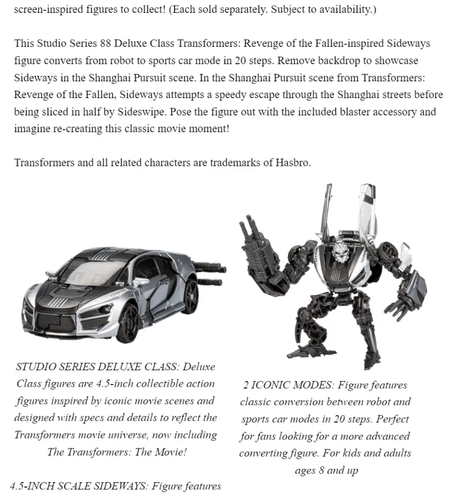 Transformers Toys Studio Series 88 Deluxe Transformers: Revenge of the Fallen  Sideways Action Figure, 8 and Up, 4.5-inch