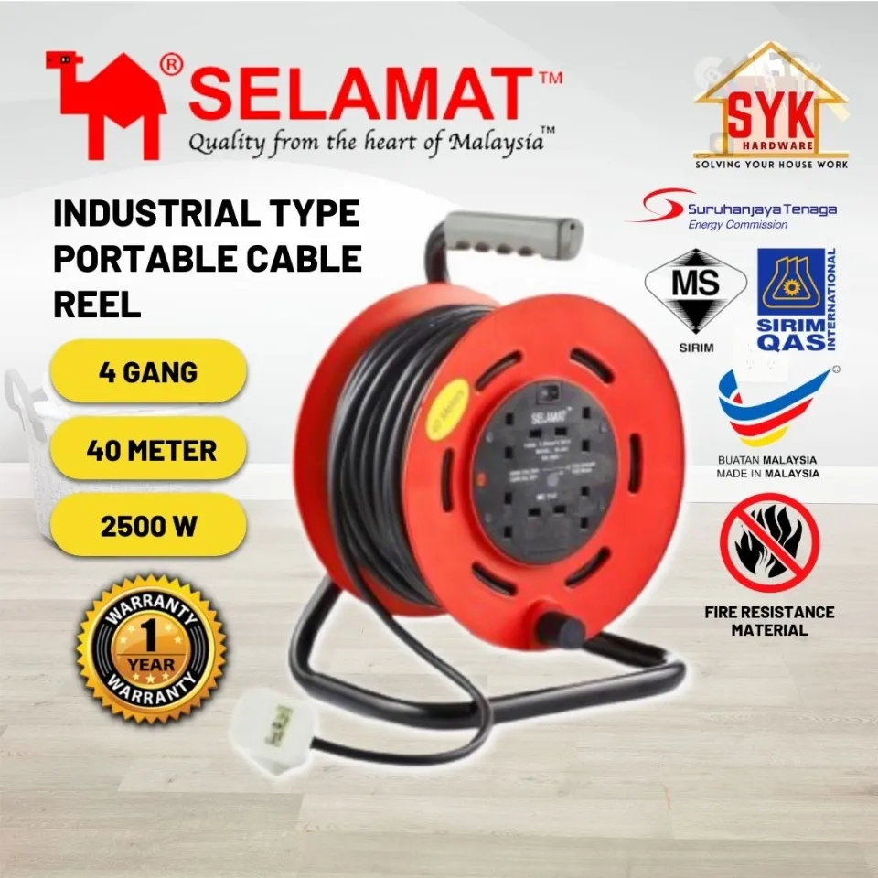 SELAMAT 4 Gang Extension Industrial Type Portable Cable Reel - 15 Meter