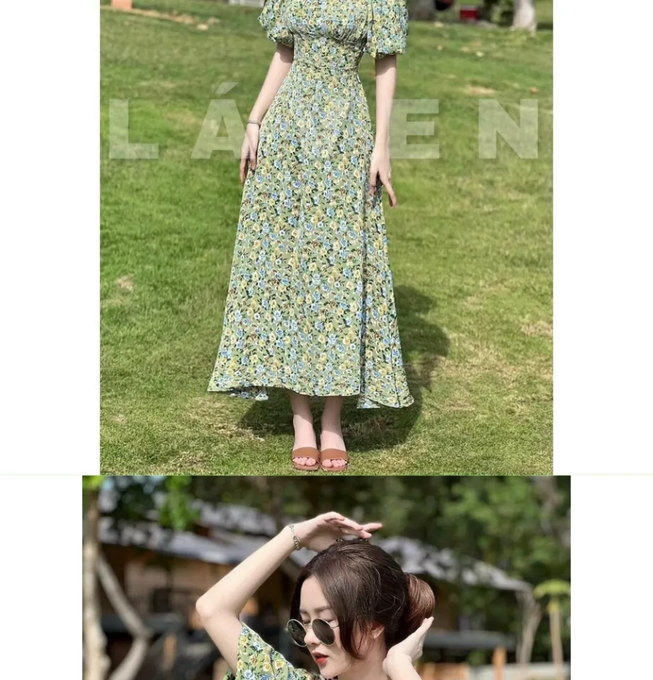 Váy đầm maxi tay bồng nữ tính - họa tiết hoa nhí nhẹ nhàng ( cổ chữ V) |  Shopee Việt Nam