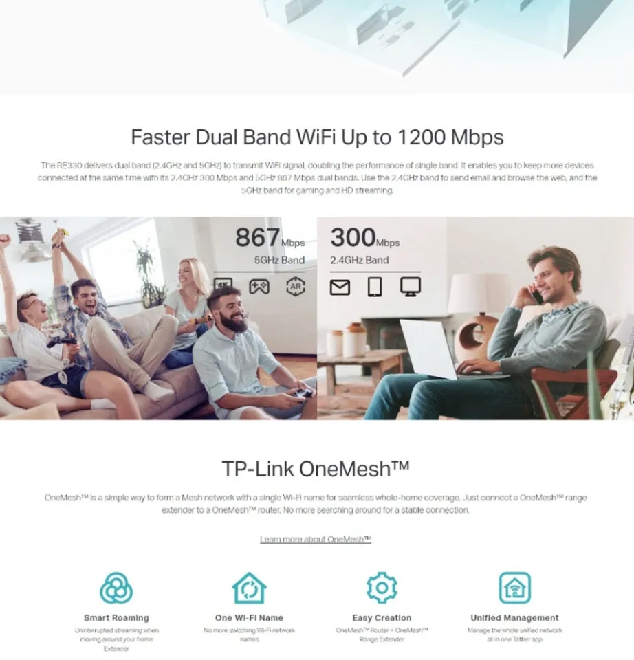 TP-Link RE330 AC1200 Mesh Wi-Fi Extender, Dual Band WiFi, Up to 1200 Mbps, TP-Link OneMesh