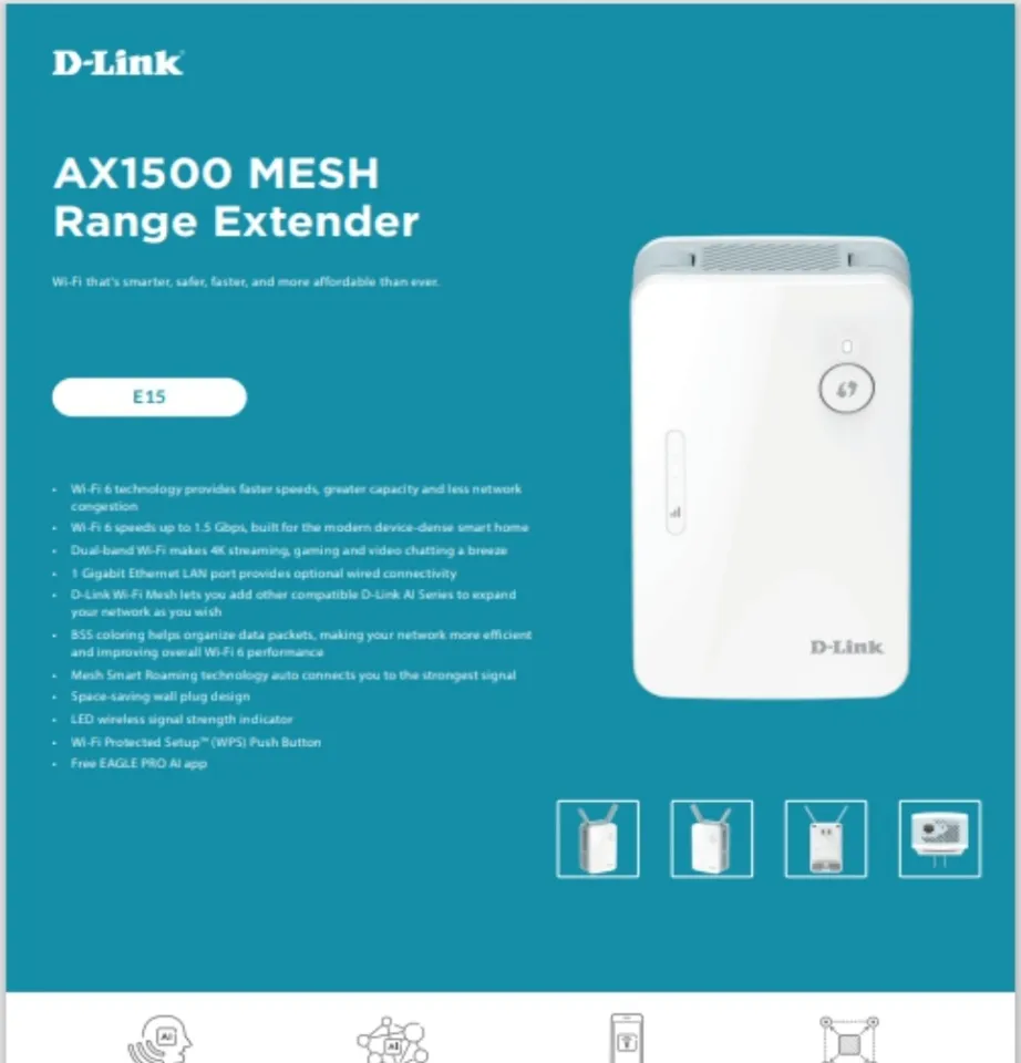 Extender Wi Fi WiFi 6 (802.11ax) EAGLE PRO AI Ax1500 Mesh White e Cyan E15