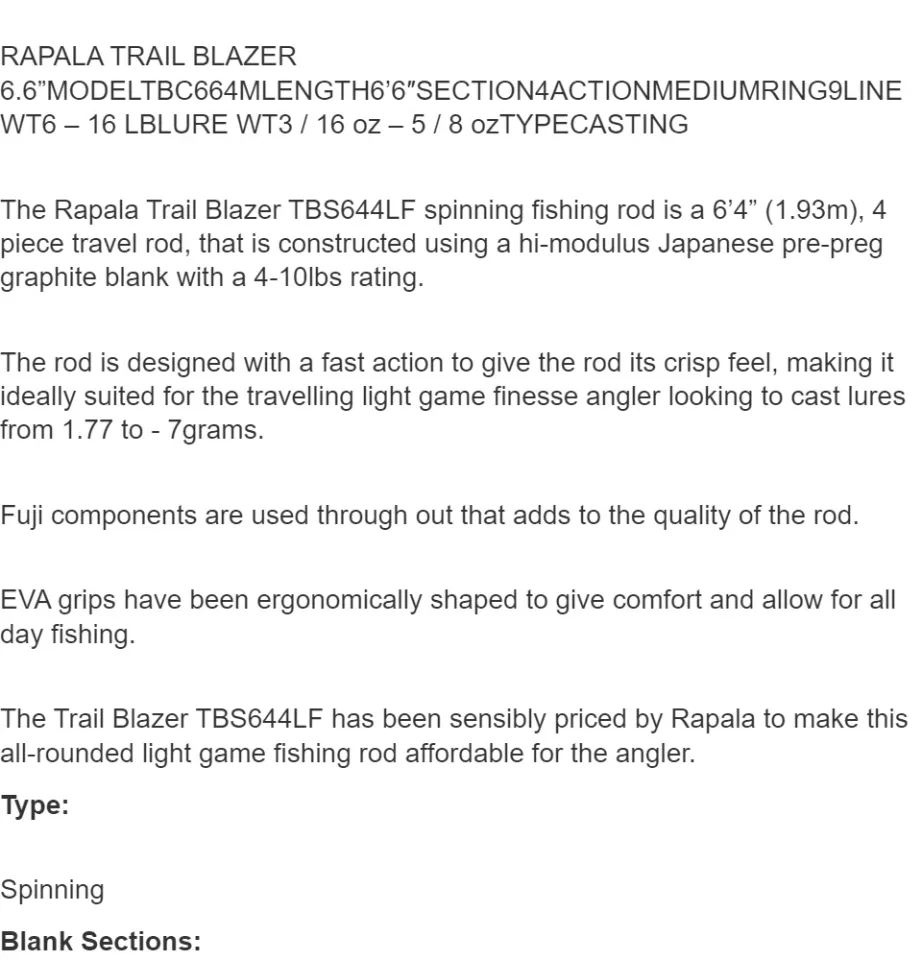 Rapala TRAIL BLAZER 4 Section Travel Rod Made in Vietnam Type