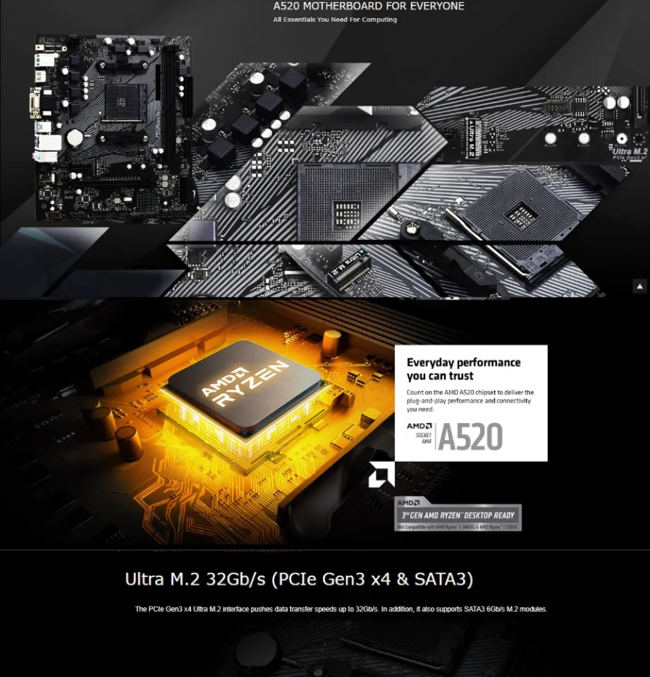 ASROCK A520M-HDV /2 DDR4/M2/USB3/GBE LAN/VGA+DVI+HDMI/PS2/ AM4 (M-ATX)