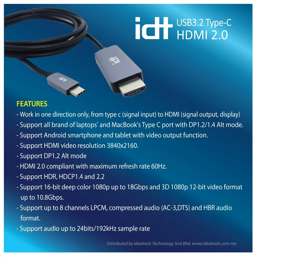 IDT Type C USB-C to HDMI 2.0 Cable (2M) Support 4K@60Hz Thunderbolt 3 to  HDMI support MacBook Laptop | Lazada