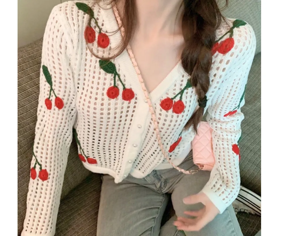 Long-Sleeve Crop Cardigan Cute Cherry Hollow Loose Tops Korean