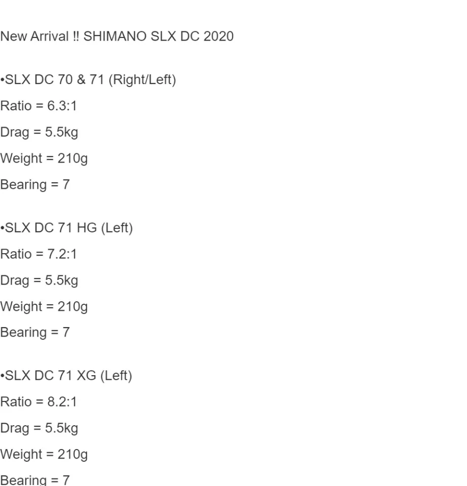 Shimano 20 SLX DC 70 71 Bait Casting Reel