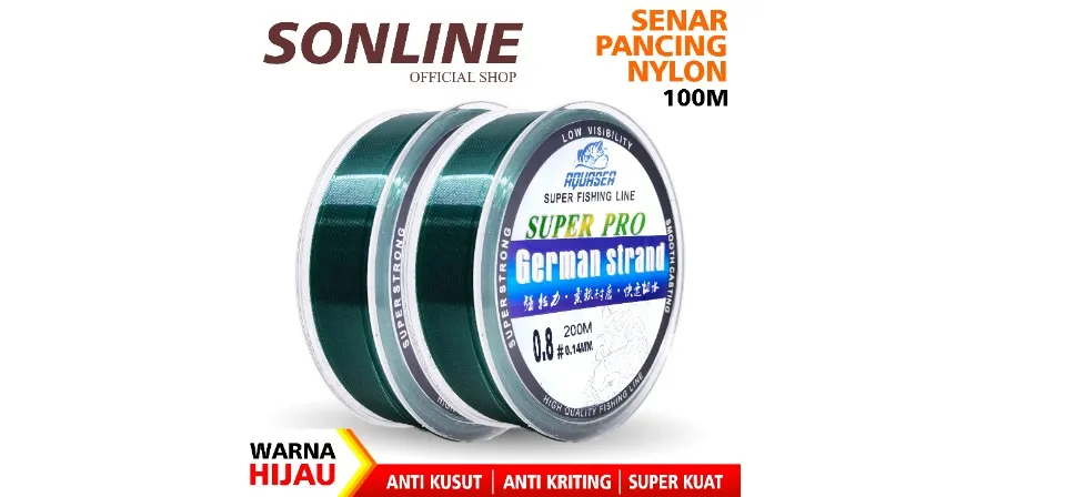 SONLINE Germany Fishing Line 200m Senar Pancing Premium GREEN Color Invisible  Bahan Nilon Tahan Lama Panjang